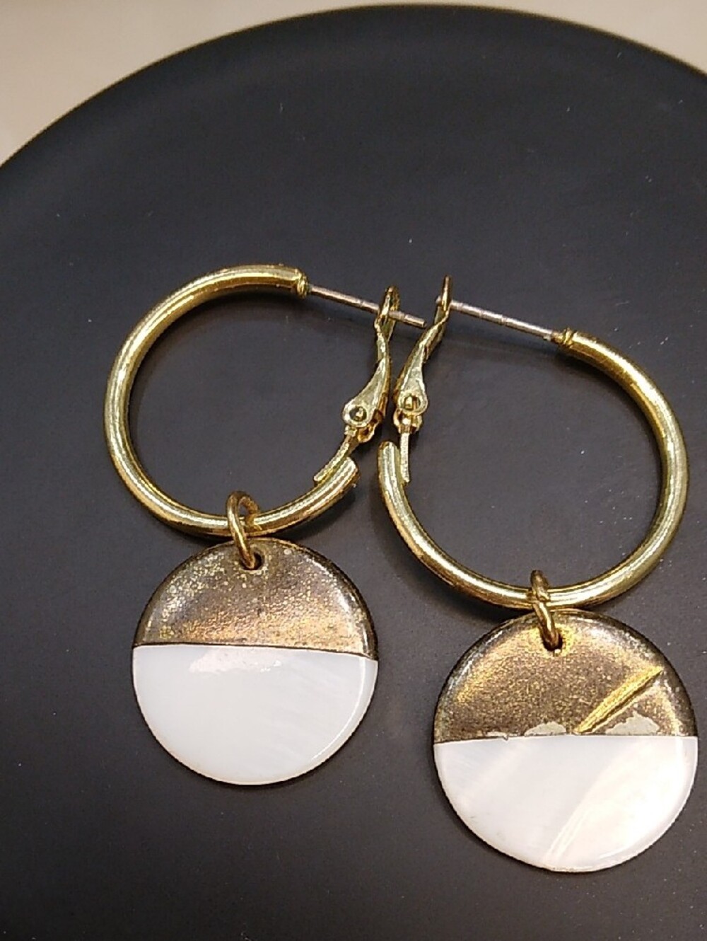 Gold Hoop Earrings with White Mother of Pearl Discs